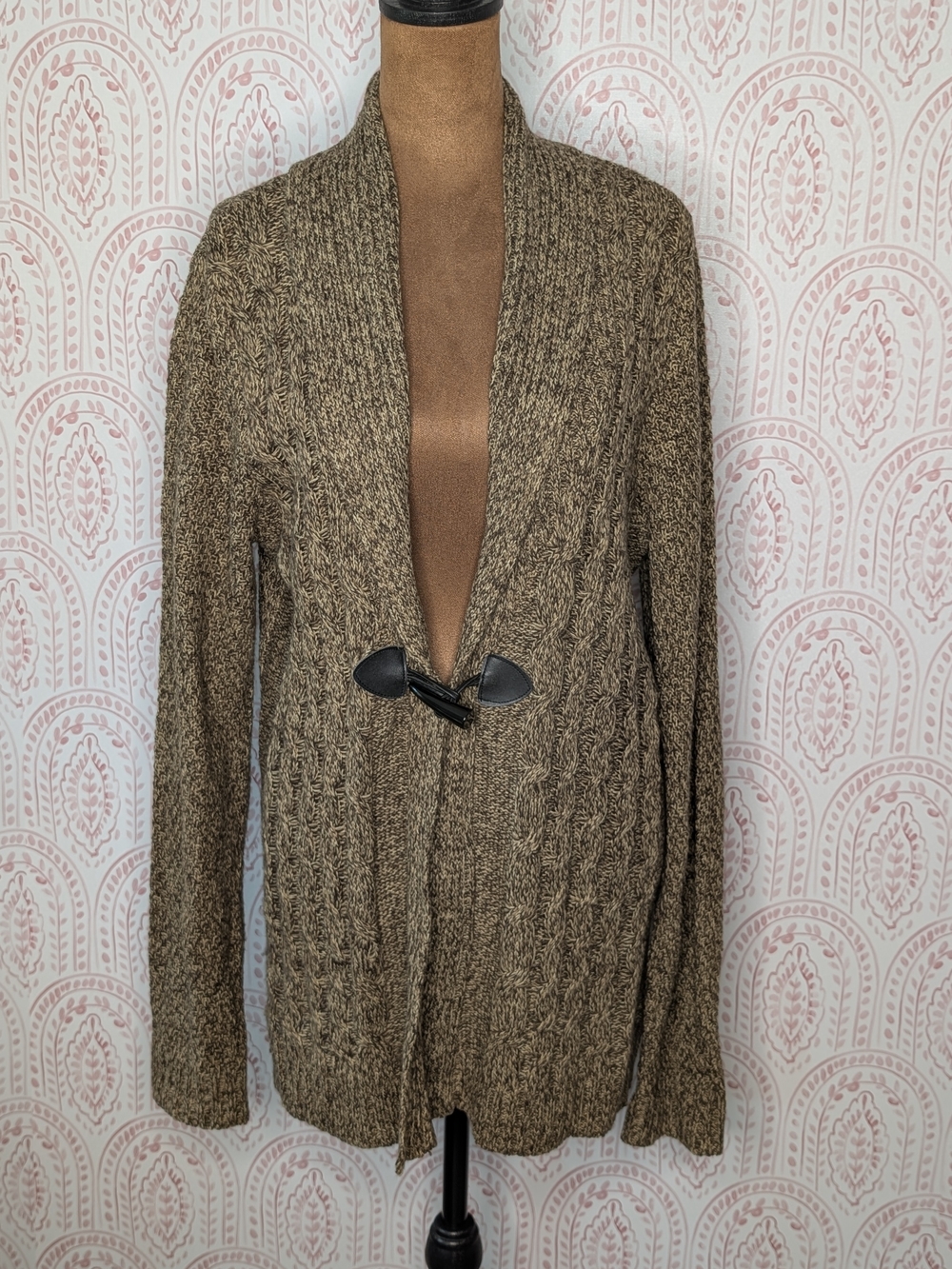 Carolyn Taylor Brown Marled Cable Cardigan with Toggle Sz L